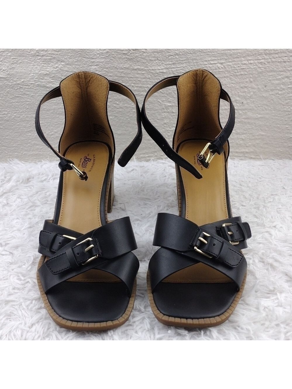 G.H. Bass & Co. Penelope Black Open Toe Ankle Strap Block High Heel Sandal Shoe - Picture 13 of 15